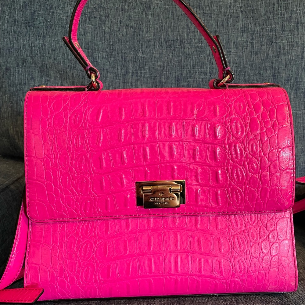 Kate Spade Handbag Orchard Valley Doris Hot Pink Croc Leather Satchel Purse